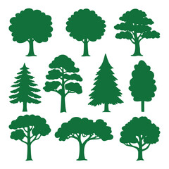 Collection of green tree silhouettes in various shapes and sizes