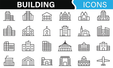 Modern Building Icons Set Featuring Offices, Homes, and Religious Structures
