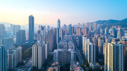 Obraz premium Skyline view of modern cityscape with high rise buildings and clear sky background