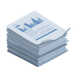Stack of Business Documents with Blue Bar Chart Graphics.