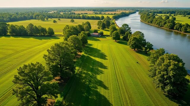 Breathtaking Aerial View of Natchitoches Louisiana's Serene Countryside with Rolling Green Fields, Lush Trees, and a Calm River Flowing Through