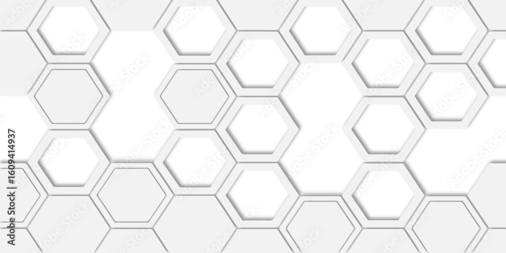Poster  hexagons of different sizes and some with multiple borders surrounding them creating a modern, abstract design suitable for backgrounds and textures.