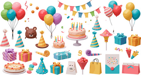 Cheerful Birthday Celebration Illustration with Cakes, Gifts, Balloons, and Party Favors