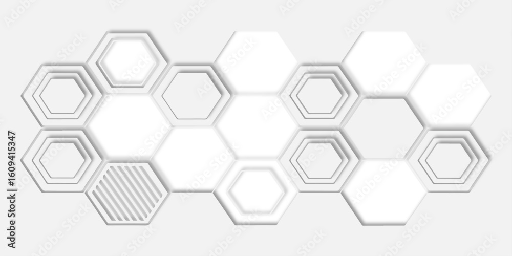Poster  hexagons of different sizes and some with multiple borders surrounding them creating a modern, abstract design suitable for backgrounds and textures.