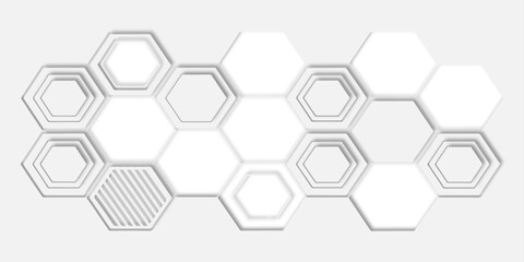  hexagons of different sizes and some with multiple borders surrounding them creating a modern, abstract design suitable for backgrounds and textures.