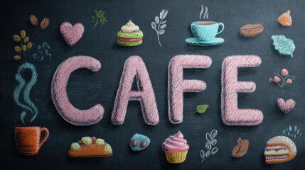 Rustic coffee shop hand-drawn signage Colorful cafe artwork with tasty pastries.