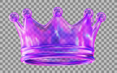 3d glass transparent neon crown. Textured king holographic y2k crown. Stock vector illustration on isolated background.