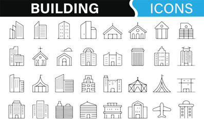 Icon Set for Various Building Types Including Homes, Offices, and Temples