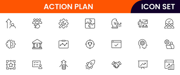 Action plan vector line icons featuring checklists, strategies, timelines, goals, tasks, progress tracking, decision making, teamwork, and project steps.