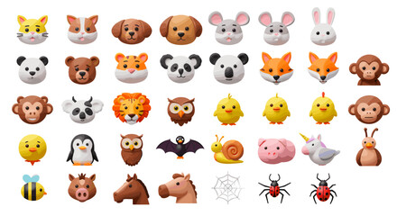 Charming Array of Animal Faces Created with Clay on White Background Displayed Neatly