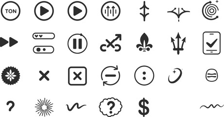 Assorted Abstract Black and White Symbols Collection on White Background, Modern Icon Set
