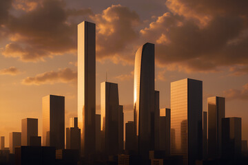 A panoramic view of a modern city skyline bathed in warm, golden sunlight during sunset.