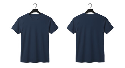 A plain navy blue t-shirt displayed on hangers, showcasing its design and fabric, ideal for casual wear promotions