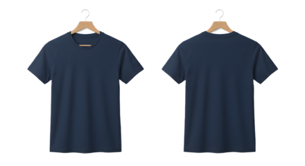 A plain navy t-shirt displayed on a hanger, showcasing its front and back views against a clean, neutral background