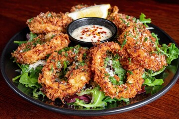 Fototapeta premium Crispy Fried Calamari with Lemon-Garlic Aioli and Greens on a Black Plate, Top-Down View, Food Photography, Restaurant Dish, Seafood Appetizer