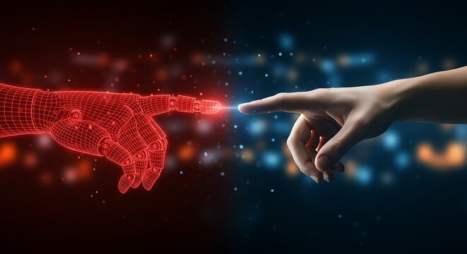 Human hand and red wireframe robot hand touching fingertips on a dark blue and red background