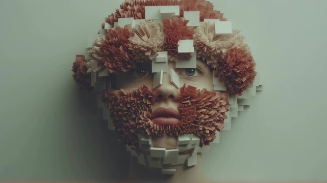 Surreal woman face with pixelated skin and floral elements. Digital art portrait concept. Abstract beauty and technology fusion for book cover or album artwork.