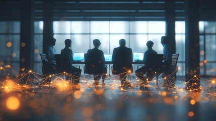 Silhouettes of five business professionals seated at a conference table with laptops, connected by glowing digital network lines, symbolizing collaboration and technology integration