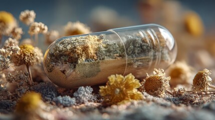 A transparent capsule filled with dried herbs and surrounded by various dried flowers on a textured surface.