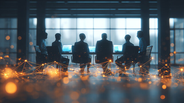 Silhouettes of five business professionals seated at a conference table with laptops, connected by glowing digital network lines, symbolizing collaboration and technology integration
