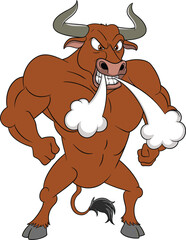 Angry cartoon bull flexing muscles with steam from nose, strong wild animal character, aggressive pose, cad vector flat illustration