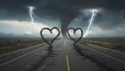 Two hearts on a road, amidst a raging storm