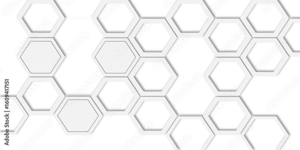 Poster  hexagons of different sizes and some with multiple borders surrounding them creating a modern, abstract design suitable for backgrounds and textures.