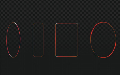 Set of luminous neon frames in various shapes with a red glow, ideal for futuristic borders, modern graphic elements, and technology-themed designs.