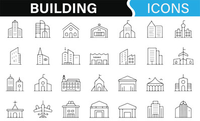 Building Design Icons for Residential, Commercial, and Religious Architecture