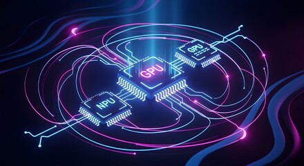 Futuristic design featuring GPU and NPU chips connected by glowing neural pathways. Ideal for illustrating AI, technology, and modern computing concepts.