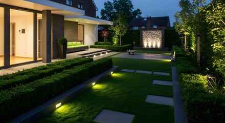 Obraz premium Modern Garden with Sleek Black Recessed Lights and Vibrant Emerald Green Accents – Contemporary Outdoor Lighting for a Stylish, Inviting, and Lush Landscape Design