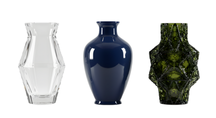 Three unique vases in a modern design showcase, featuring clear, navy, and green geometric styles against a neutral background