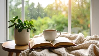 Cozy Morning Scene with Book, Plant, and Coffee by Window