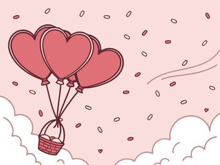 Pink heart balloons and floral decorations adorn a romantic Valentine's Day greeting card, perfect for celebrating love