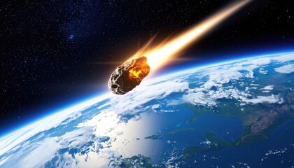 Dramatic Asteroid Approaching Earth with Fiery Tail in Space