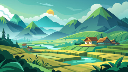 Vector art of a picturesque mountain landscape featuring terraced fields, a flowing river, and charming rural villages under a bright sun