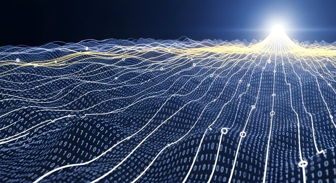 Abstract digital network with binary code. Represents data flow, connectivity, and artificial intelligence. Great for technology, innovation, and futuristic concepts.