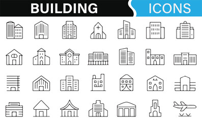 Various Building Icons for Residential, Religious, and Commercial Use