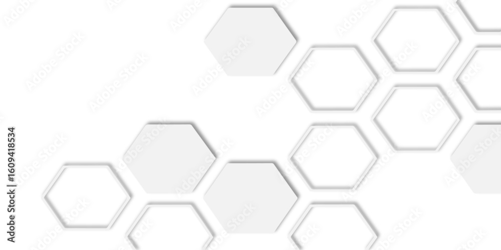 Poster  hexagons of different sizes and some with multiple borders surrounding them creating a modern, abstract design suitable for backgrounds and textures.