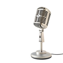 Vintage silver microphone on a stand against a black background