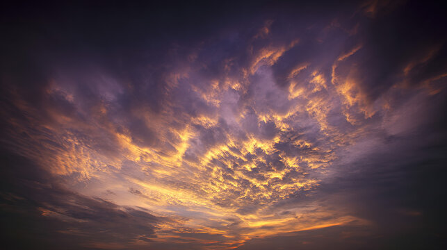 Dramatic sunrise with gradient orange and purple clouds, creating a panoramic abstract sky view.