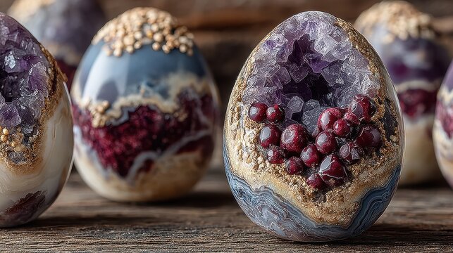 Purple geode petrified lightning egg geological art, mineralogy teaching resource, natural wonder illustration with sparking crystal effects.