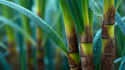 Fototapeta premium Close-up of fresh sugarcane stalks with dewdrops on green leaves in a natural outdoor setting.