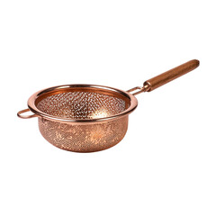 An eco-friendly brushed copper tea strainer with handle isolated on transparent background