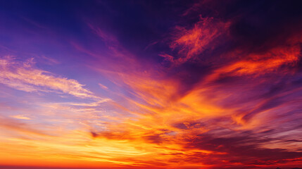 Dramatic sunrise with gradient orange and purple clouds, creating a panoramic abstract sky view.