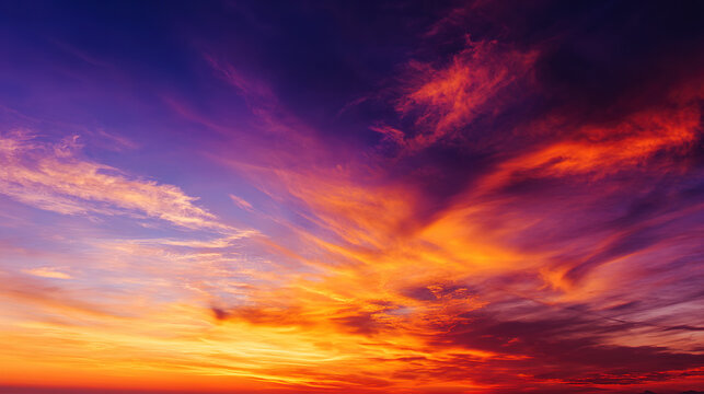 Dramatic sunrise with gradient orange and purple clouds, creating a panoramic abstract sky view. - Powered by Adobe