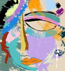 abstract colorful background, illustration with lines, waves, circles, paint strokes and splashes, face or mask