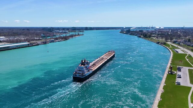 Bulk carrier SAM LAUD sailed on St. Clair River to Lake Huron aerial view. This river divided Port Huron, Michigan, USA and Point Edward, Ontario, Canada. 