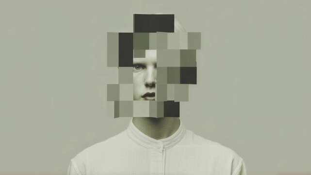 Pixelated face video effect on person in white shirt. Digital identity concept, privacy protection, anonymity online. Surreal portrait glitch art for social media