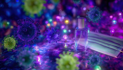 A perfume bottle and mask amidst viruses in vibrant lights